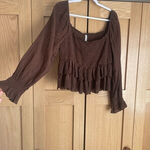 Brown Cotton Peplum Top with Eyelet Lace